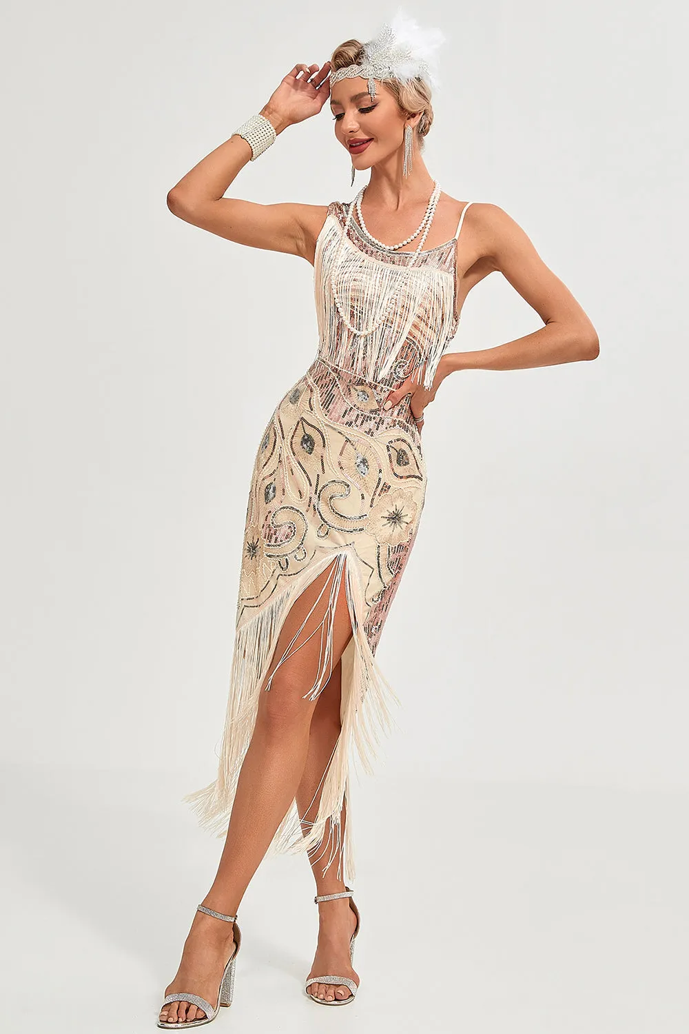 Sparkly Champagne Sequins Fringes Asymmetrical 1920s Gatsby Dress with Accessories Set sold by Zapaka product image thumbnail 4