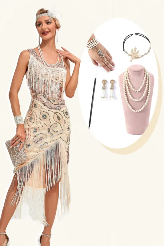 Sparkly Champagne Sequins Fringes Asymmetrical 1920s Gatsby Dress with Accessories Set made by Zapaka