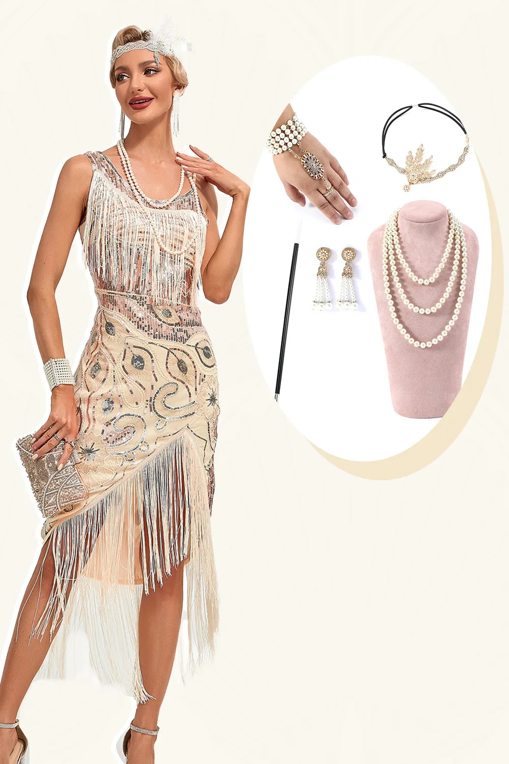 Sparkly Champagne Sequins Fringes Asymmetrical 1920s Gatsby Dress with Accessories Set sold by Zapaka