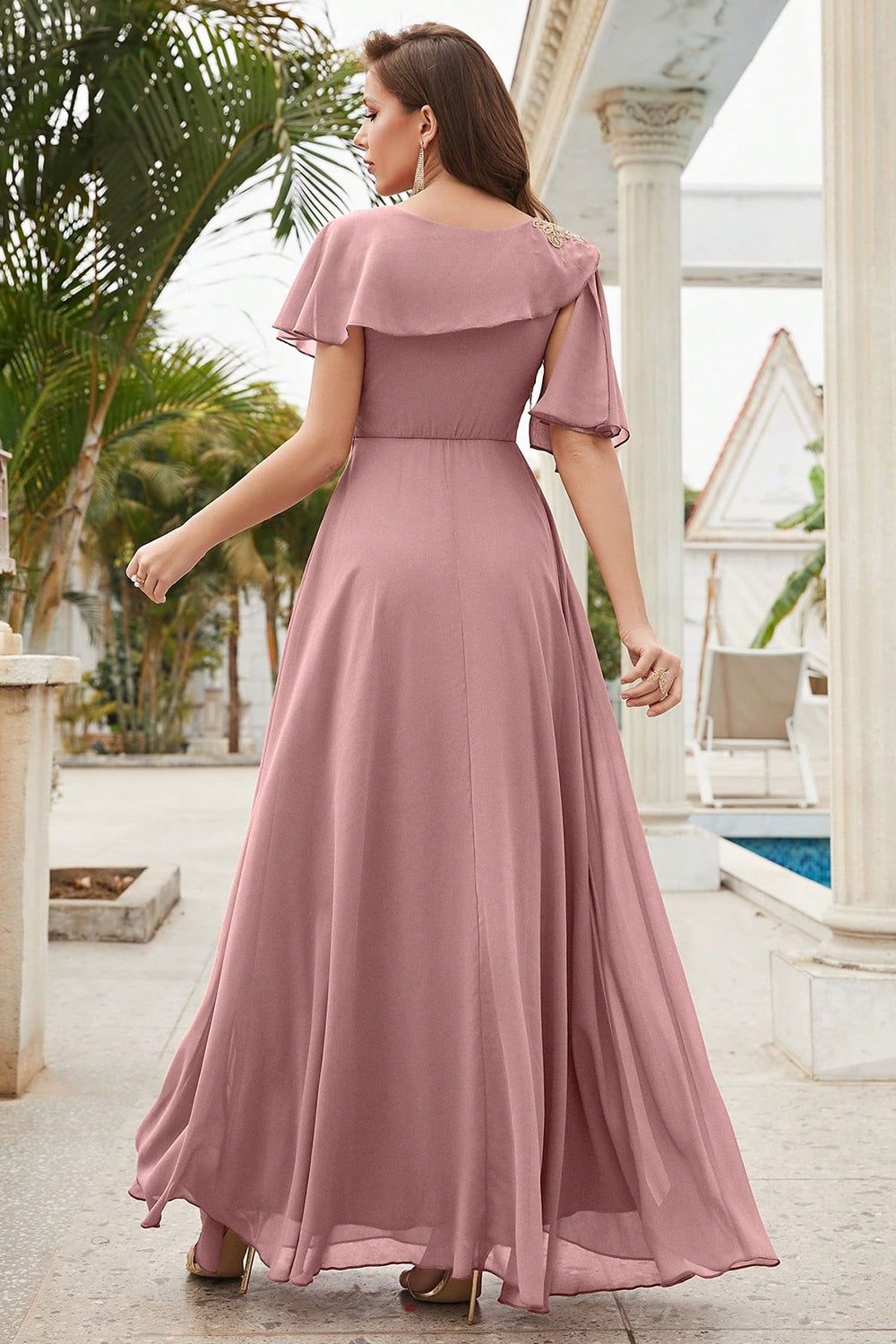 Dusty Rose A-line Round Neck Chiffon Long Prom Dress sold by Zapaka product image thumbnail 2