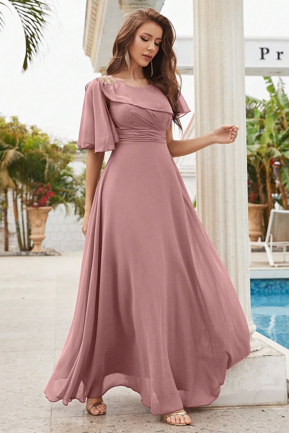 Dusty Rose A-line Round Neck Chiffon Long Prom Dress sold by Zapaka product image thumbnail 3