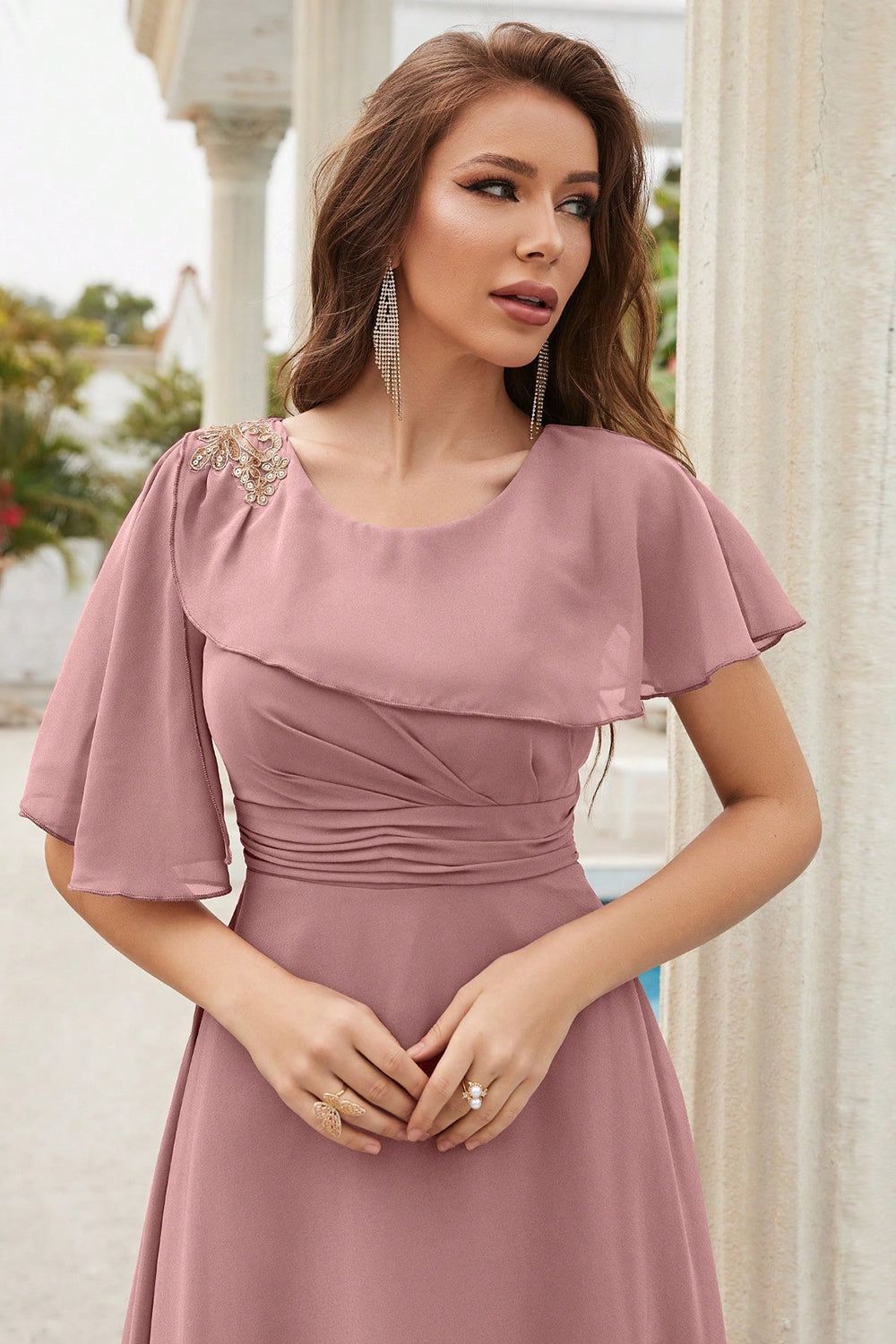 Dusty Rose A-line Round Neck Chiffon Long Prom Dress sold by Zapaka product image thumbnail 4
