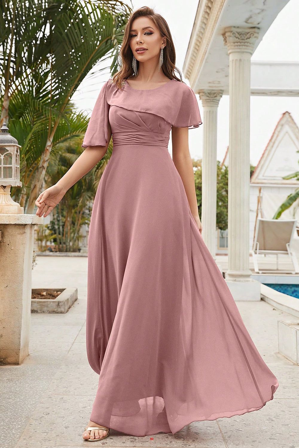 Dusty Rose A-line Round Neck Chiffon Long Prom Dress sold by Zapaka product image thumbnail 5