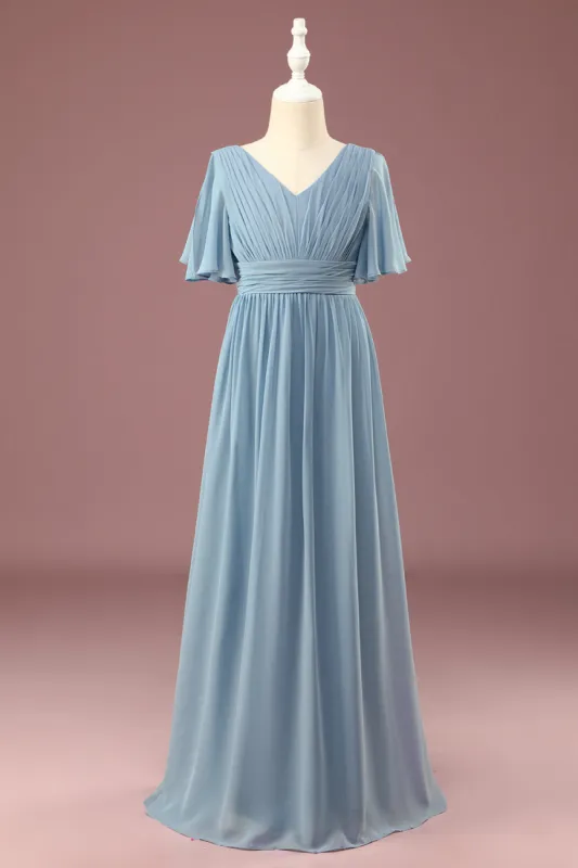 A-line Chiffon V-neck Floor Length Short Sleeves Junior Bridesmaid Dress sold by Zapaka