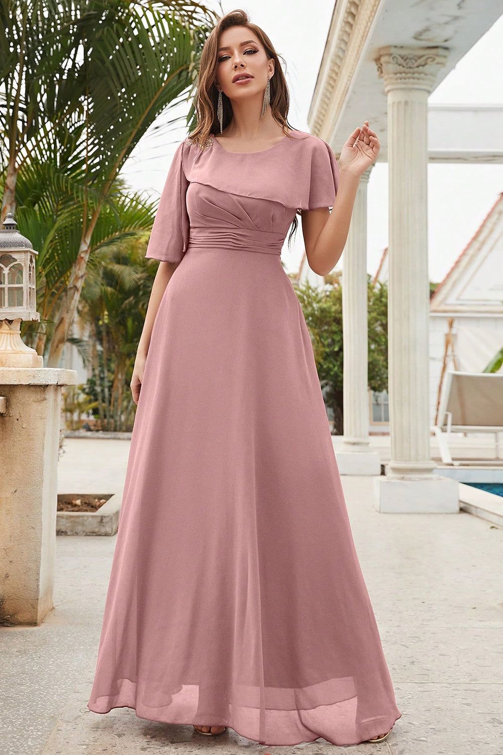 Dusty Rose A-line Round Neck Chiffon Long Prom Dress sold by Zapaka