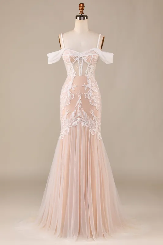 Champagne Mermaid Long Wedding Dress with Lace sold by Zapaka