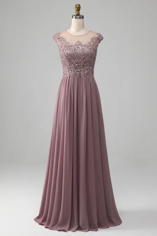 Dusk A-line Beaded Chiffon Round Neck Maxi Mother of the Bride Dress sold by Zapaka