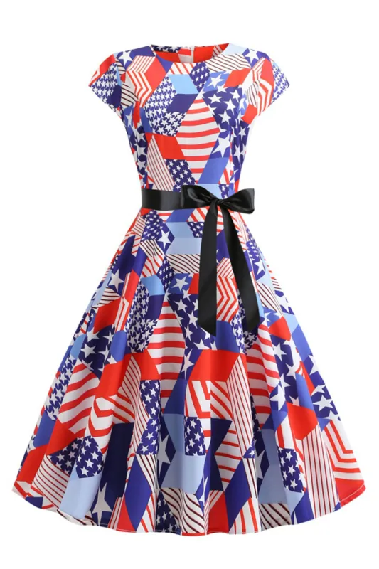 American Flag Printed Retro Dress with Bowknot sold by Zapaka