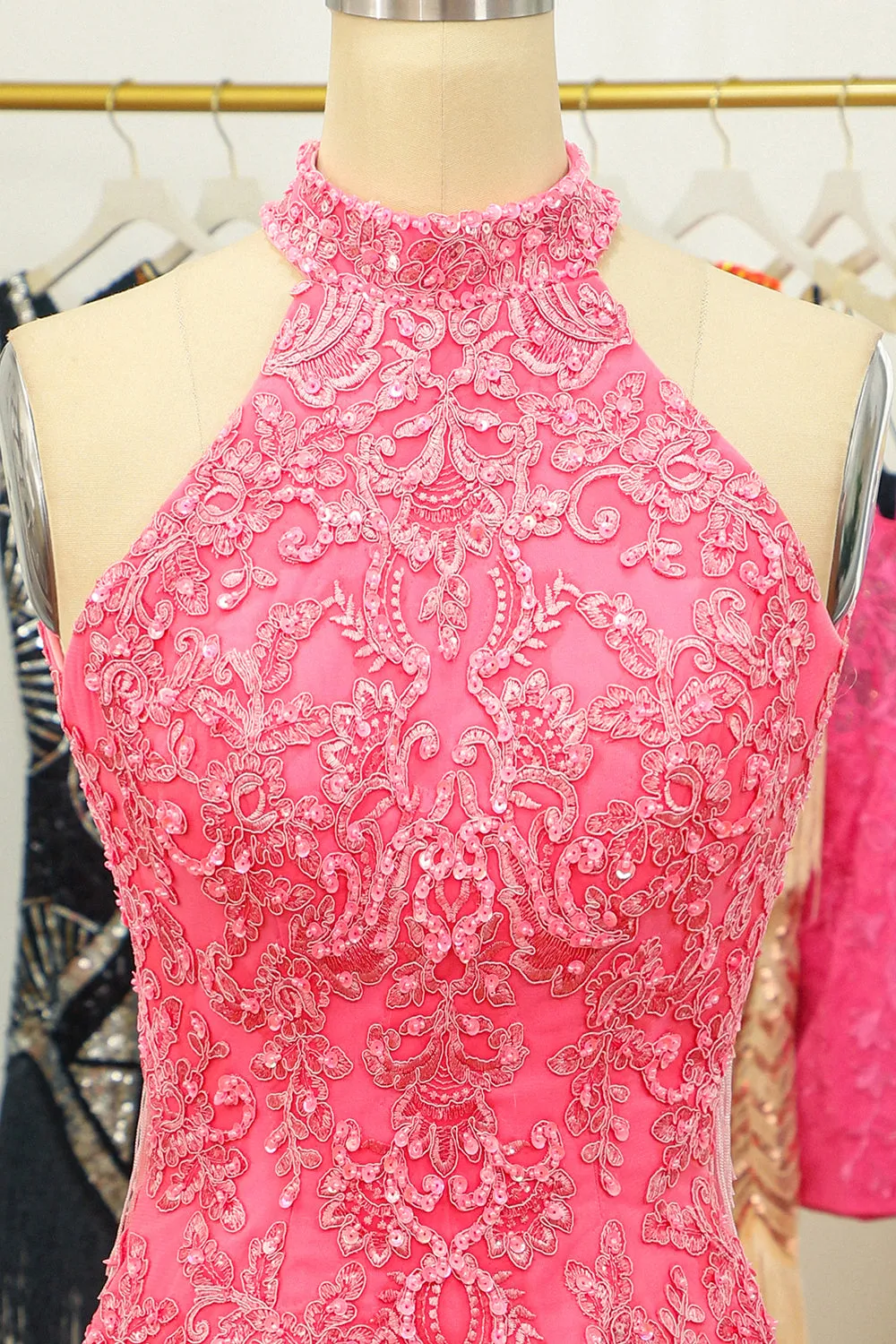 Pink Open Back Halter Lace Tight Homecoming Dress sold by Zapaka product image thumbnail 4