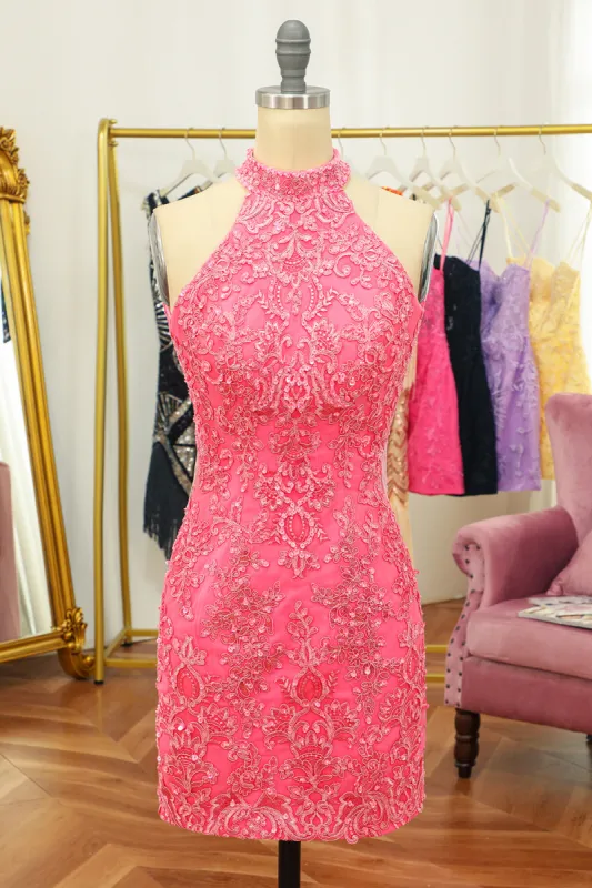 Pink Open Back Halter Lace Tight Homecoming Dress sold by Zapaka