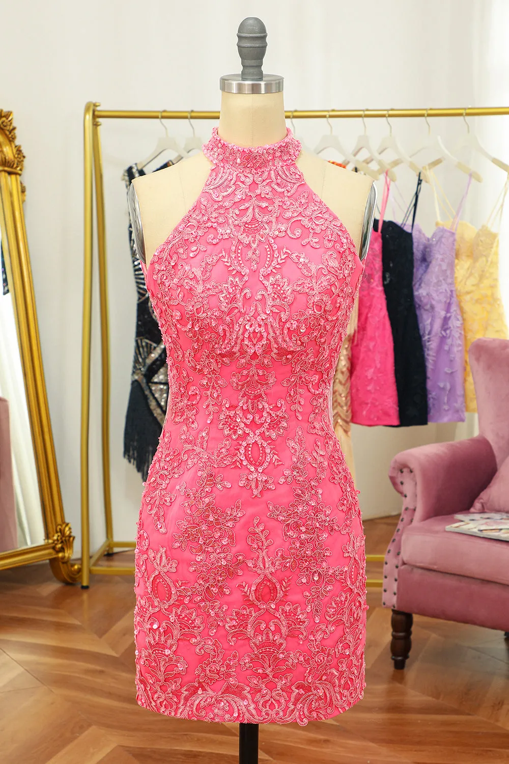 Pink Open Back Halter Lace Tight Homecoming Dress sold by Zapaka