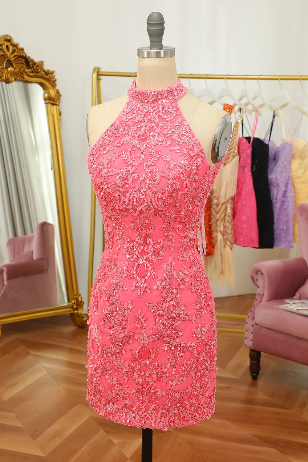 Pink Open Back Halter Lace Tight Homecoming Dress sold by Zapaka product image thumbnail 3