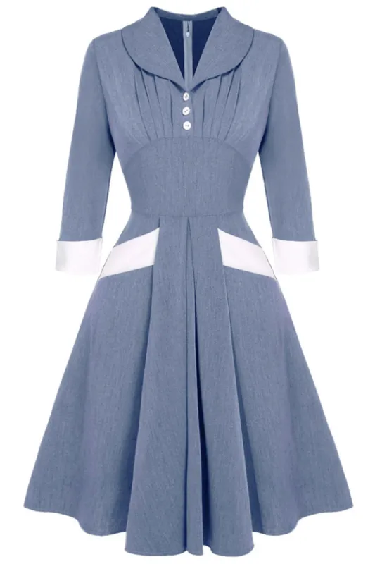 Grey Blue 1950s Swing Dress with Long Sleeves sold by Zapaka