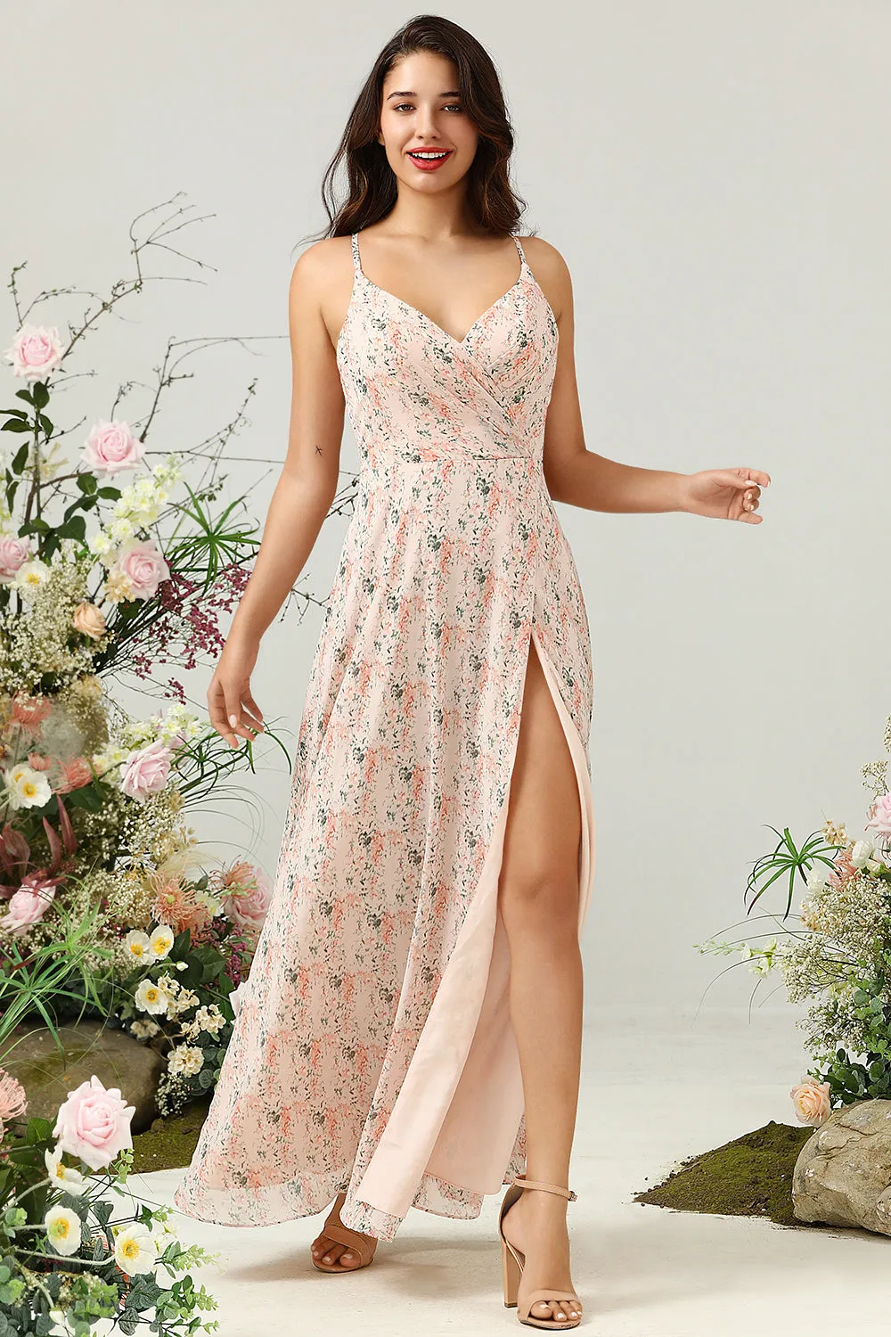 Blush Floral Chiffon Long Bridesmaid Dress with Slit sold by Zapaka