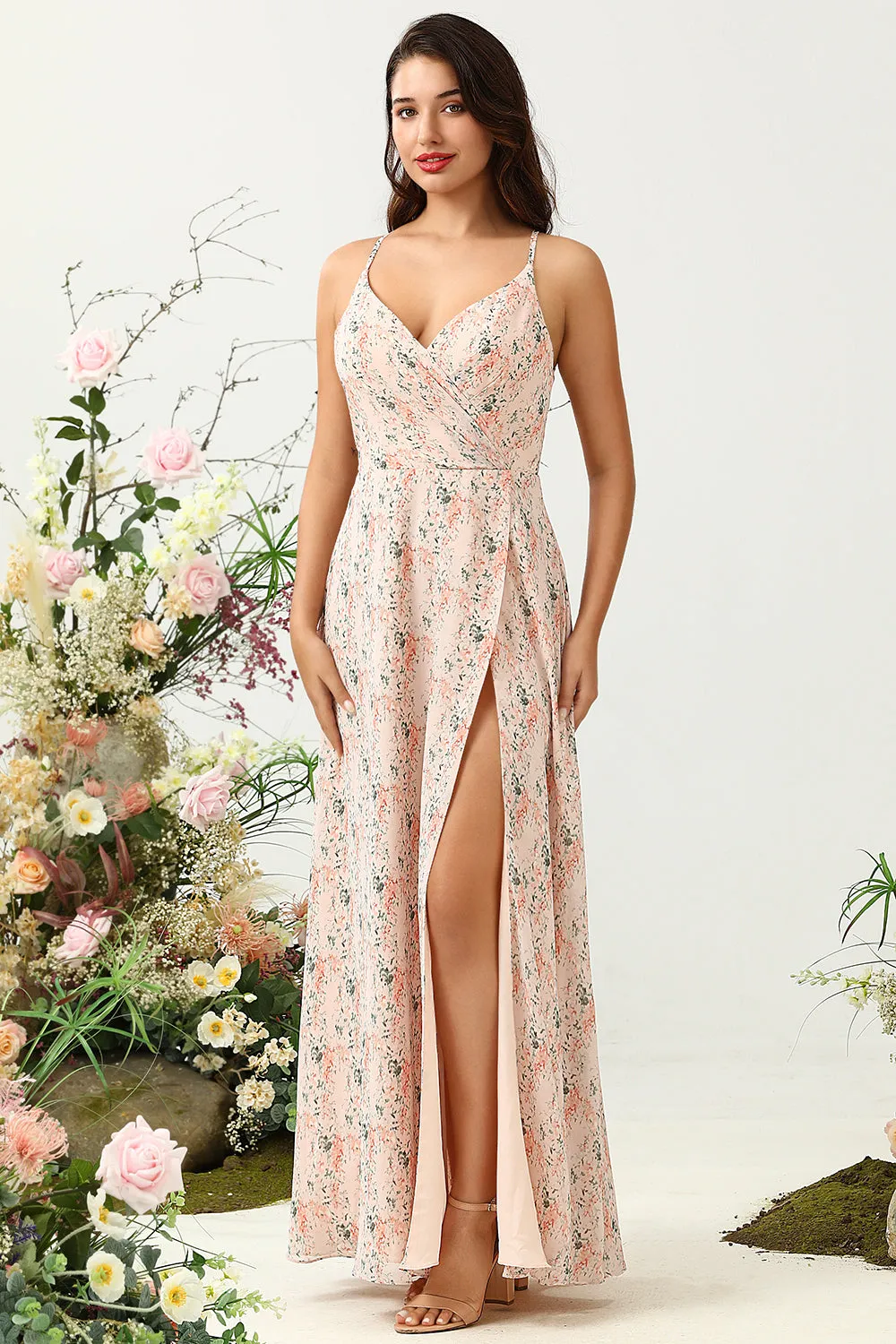 Blush Floral Chiffon Long Bridesmaid Dress with Slit sold by Zapaka product image thumbnail 3