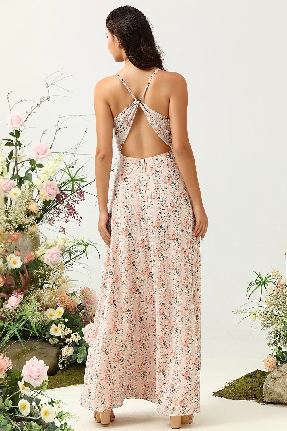 Blush Floral Chiffon Long Bridesmaid Dress with Slit sold by Zapaka product image thumbnail 2