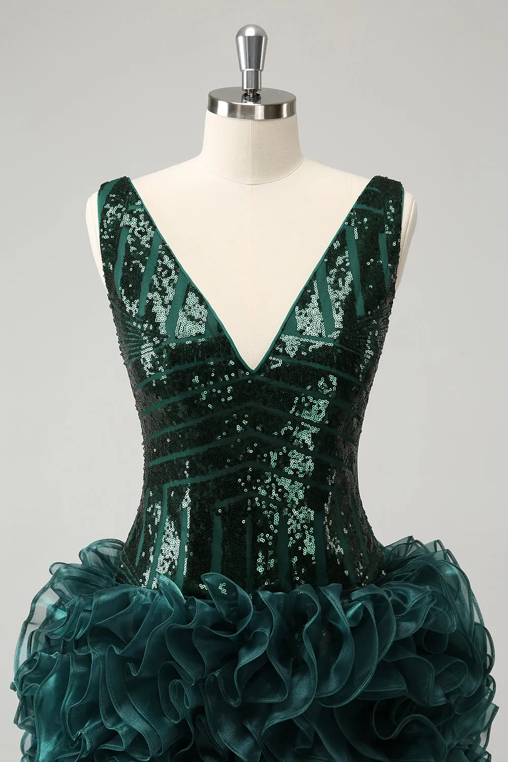 Glitter Dark Green V Neck Sequins Homecoming Dress with Detachable Ruffles sold by Zapaka product image thumbnail 5