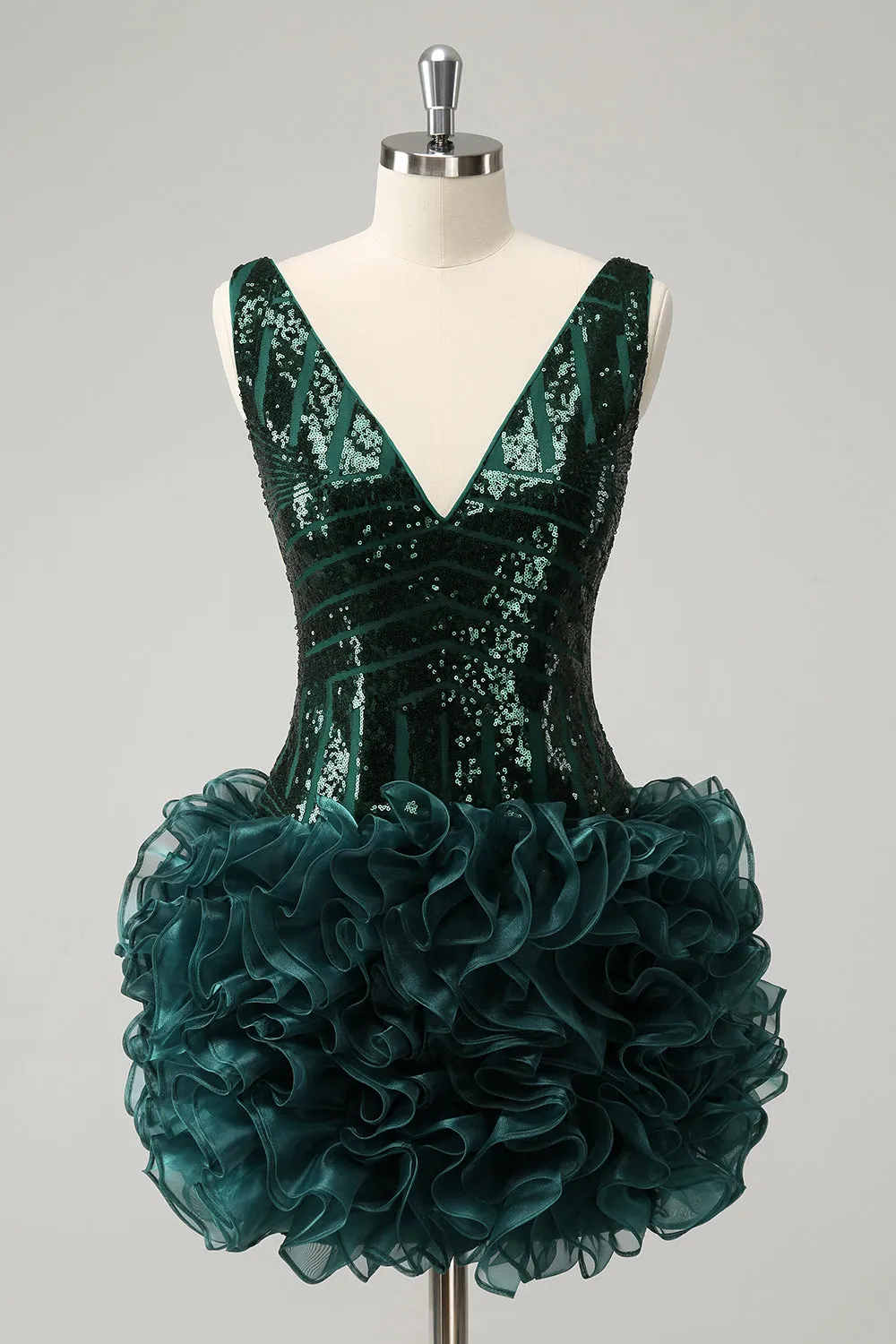 Glitter Dark Green V Neck Sequins Homecoming Dress with Detachable Ruffles sold by Zapaka