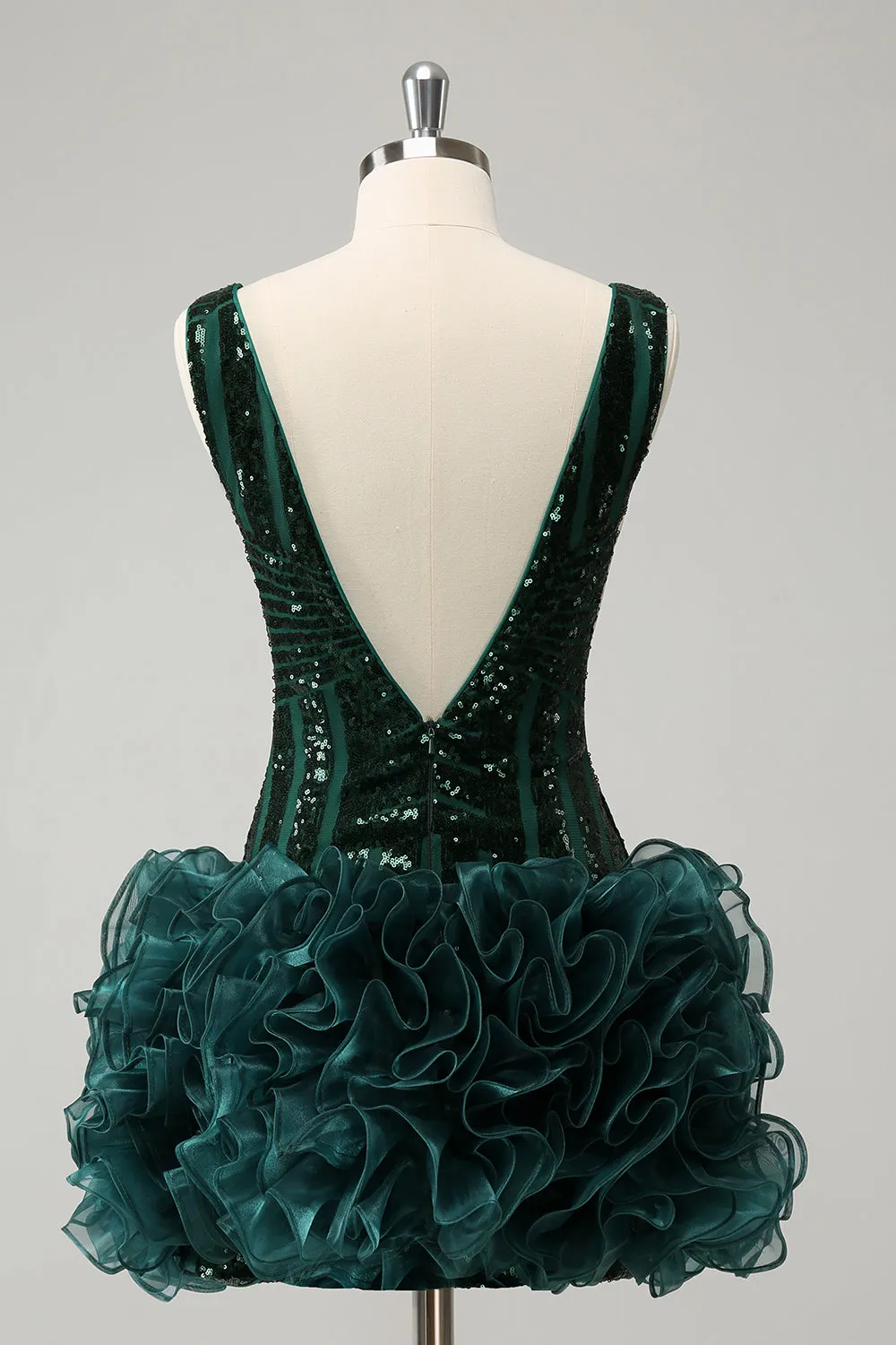 Glitter Dark Green V Neck Sequins Homecoming Dress with Detachable Ruffles sold by Zapaka product image thumbnail 2