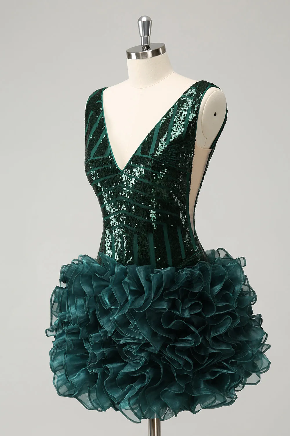 Glitter Dark Green V Neck Sequins Homecoming Dress with Detachable Ruffles sold by Zapaka product image thumbnail 4