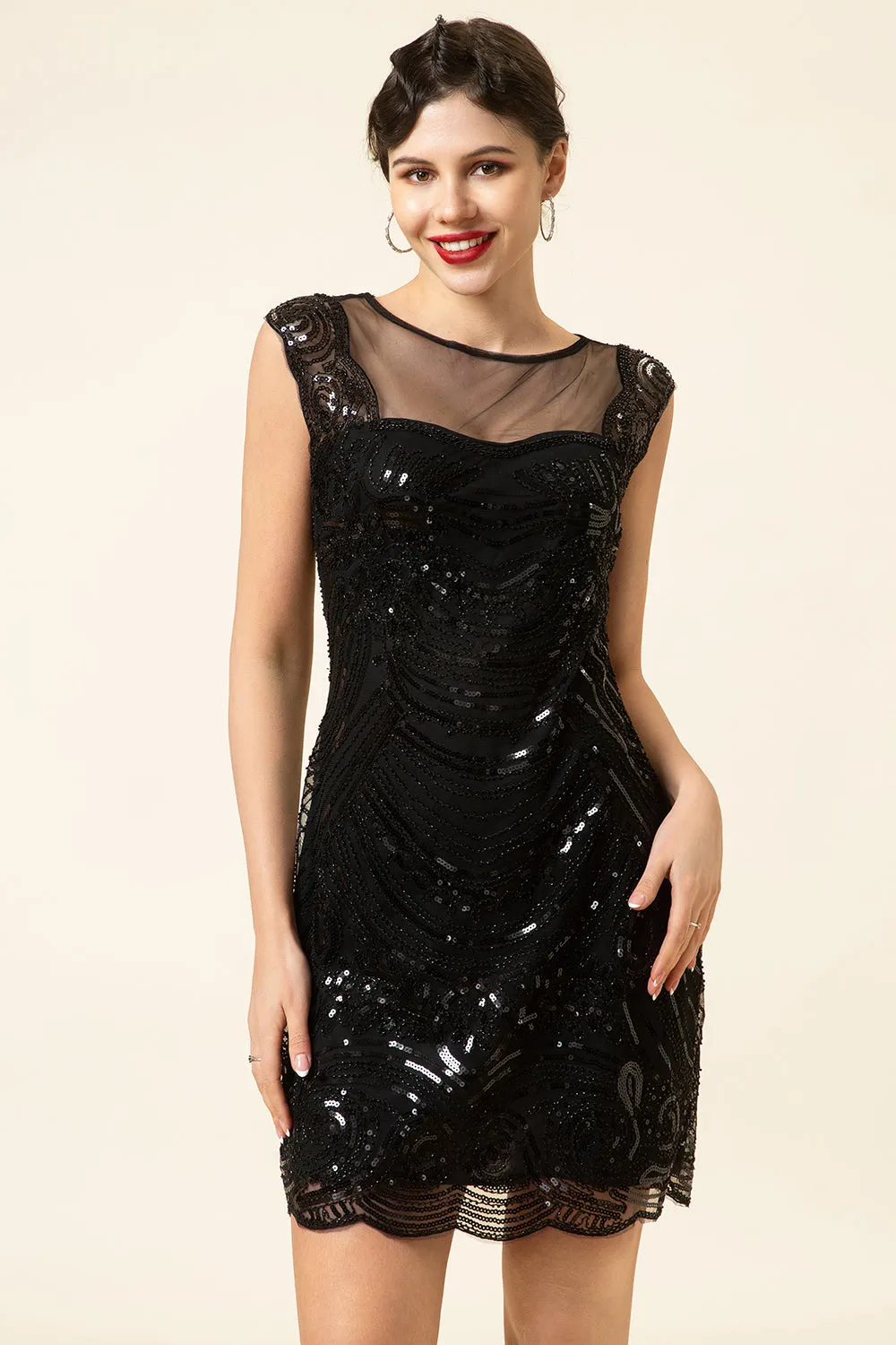 Black Sequined 1920s Gatsby Dress with 20s Accessories Set sold by Zapaka product image thumbnail 5