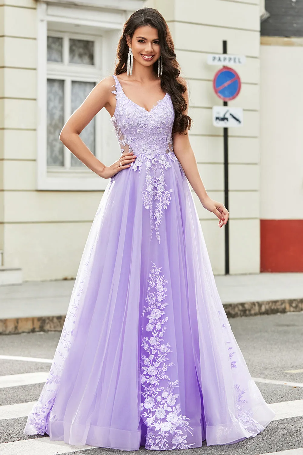 Gorgeous A Line Spaghetti Straps Lilac Tulle Long Prom Dress with Appliques sold by Zapaka