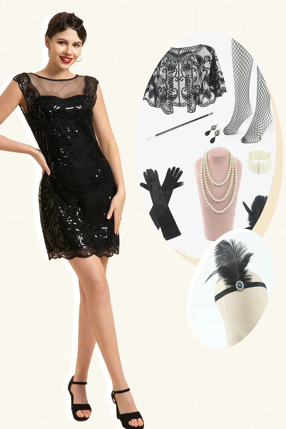 Black Sequined 1920s Gatsby Dress with 20s Accessories Set sold by Zapaka