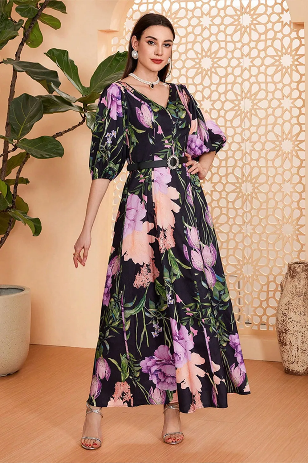 Black Floral A-Line V Neck Long Prom Dress with Belt sold by Zapaka product image thumbnail 3