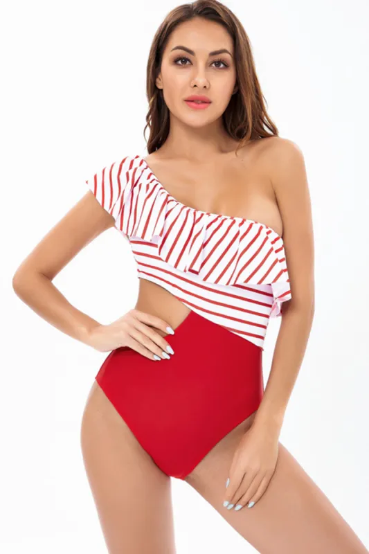 One Shoulder Stripe Red Swimwear with Ruffles sold by Zapaka