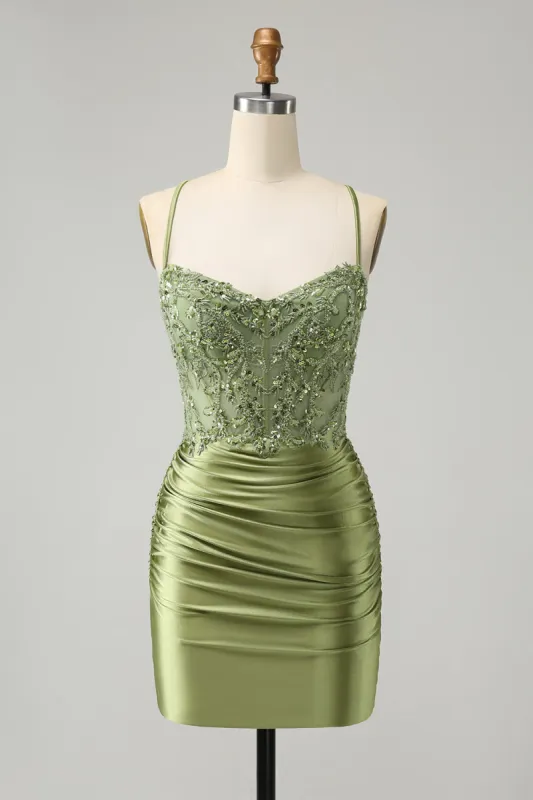 Sparkly Light Green Tight Spaghetti Straps Homecoming Dress with Appliques sold by Zapaka