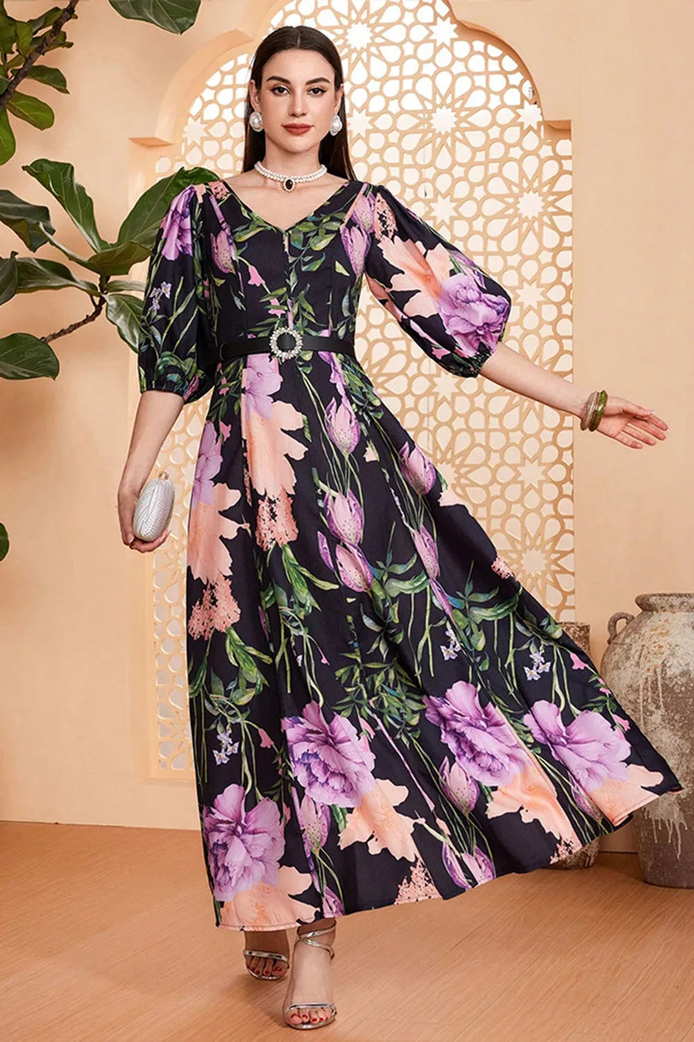 Black Floral A-Line V Neck Long Prom Dress with Belt sold by Zapaka product image thumbnail 4
