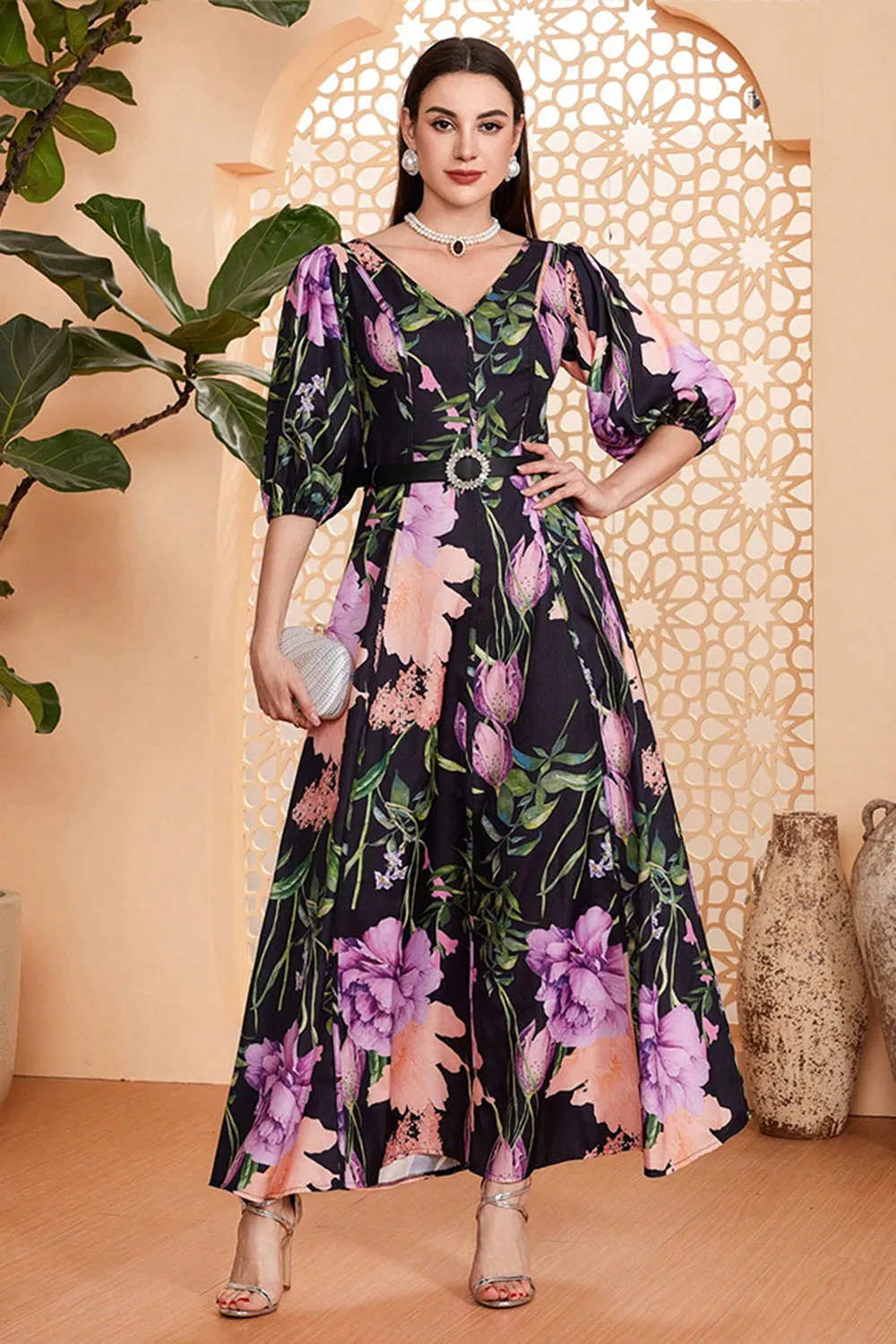 Black Floral A-Line V Neck Long Prom Dress with Belt sold by Zapaka