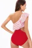 One Shoulder Stripe Red Swimwear with Ruffles sold by Zapaka