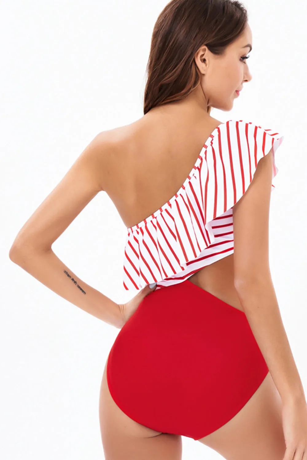 One Shoulder Stripe Red Swimwear with Ruffles sold by Zapaka product image thumbnail 2