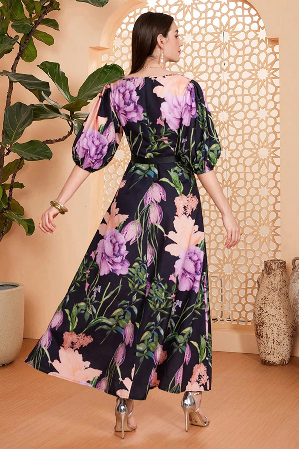 Black Floral A-Line V Neck Long Prom Dress with Belt sold by Zapaka product image thumbnail 2