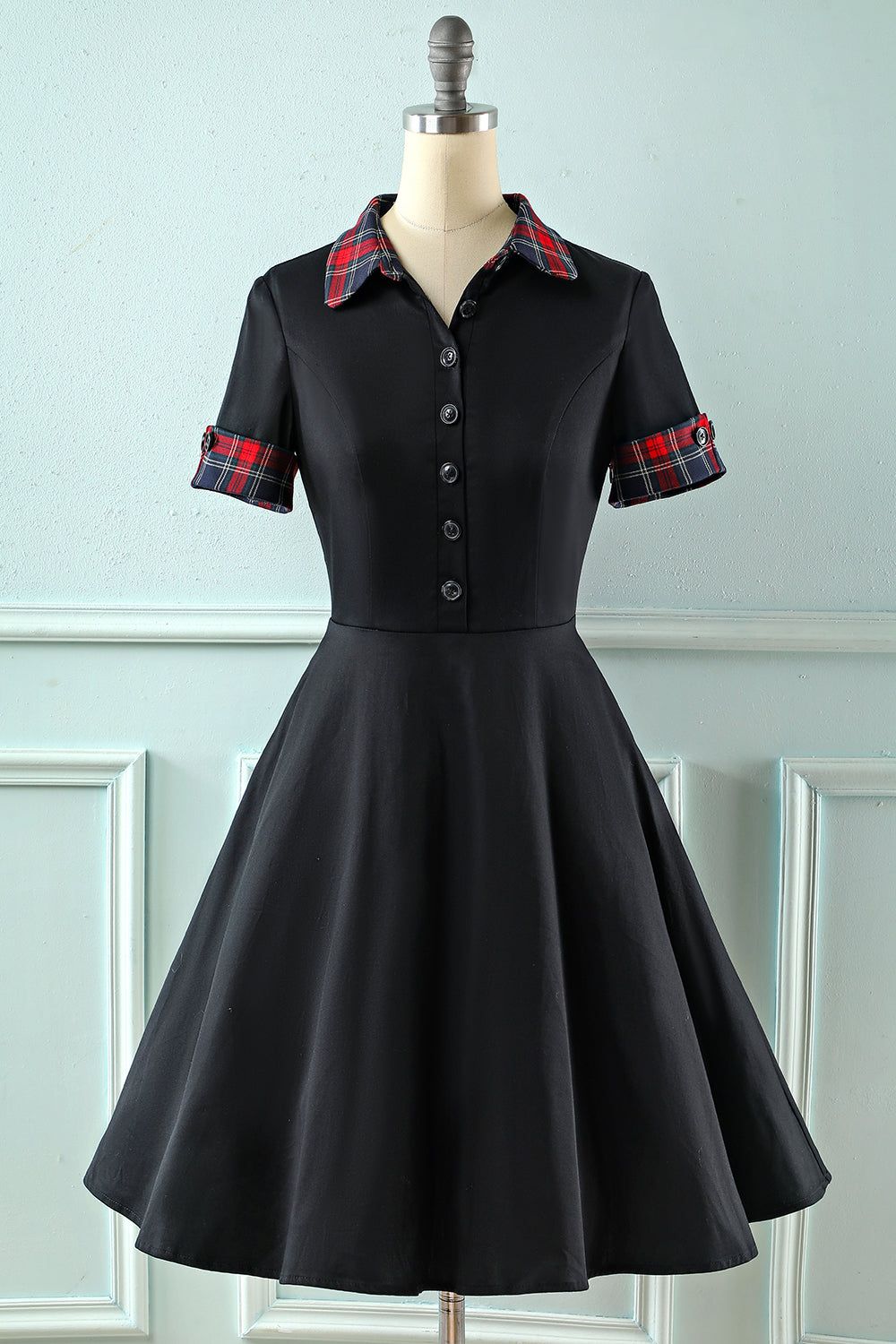 Black Lapel Neck Plaid Vintage 1950s Dress sold by Zapaka