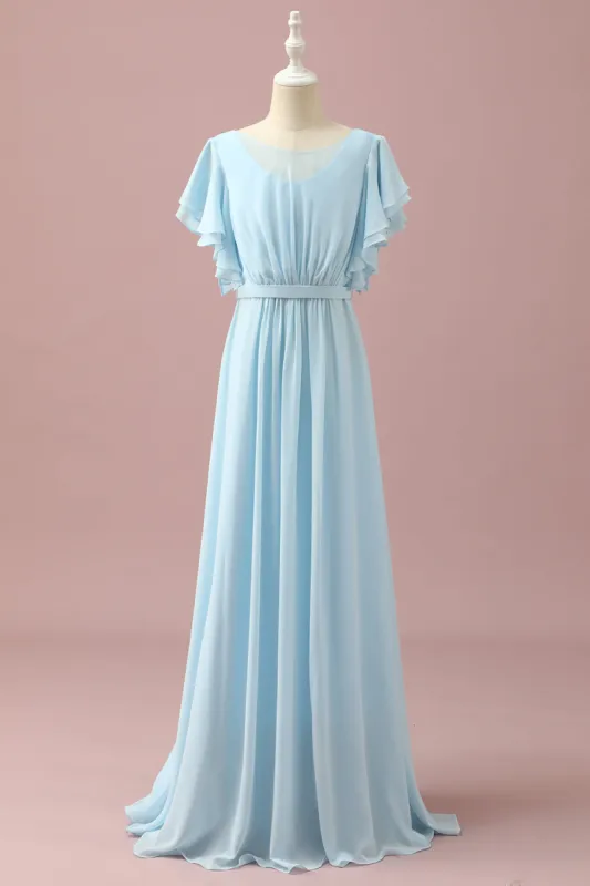 Light Blue Chiffon Batwing Sleeves A-Line Junior Bridesmaid Dress sold by Zapaka