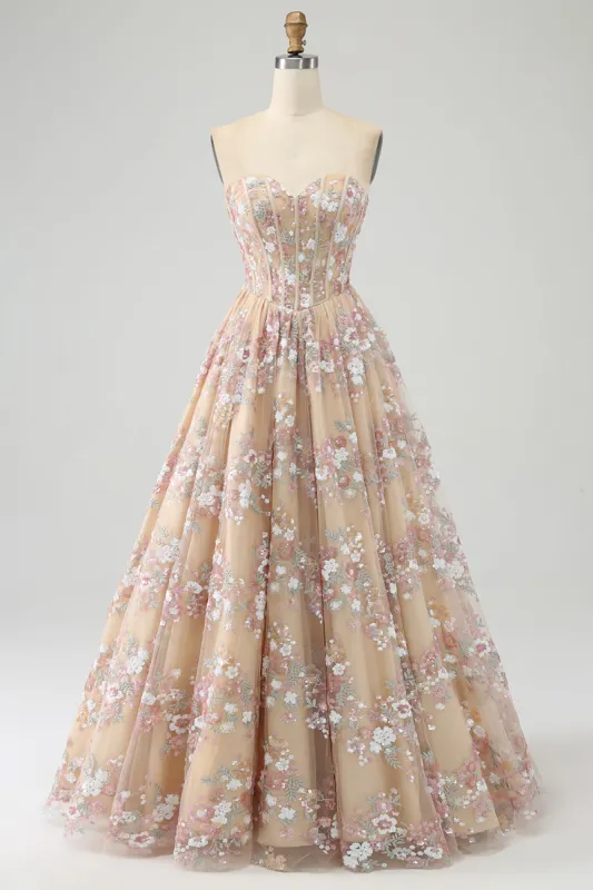 Luxurious A Line Sweetheart Champagne Corset Prom Dress with Appliques sold by Zapaka