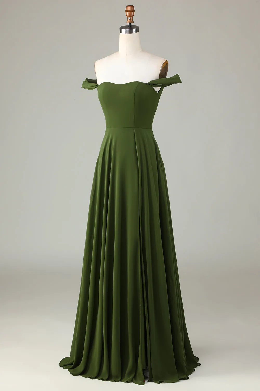 A-Line Off The Shoulder Olive Bridesmaid Dress with Slit sold by Zapaka product image thumbnail 3