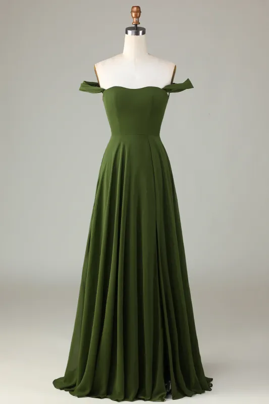 A-Line Off The Shoulder Olive Bridesmaid Dress with Slit sold by Zapaka
