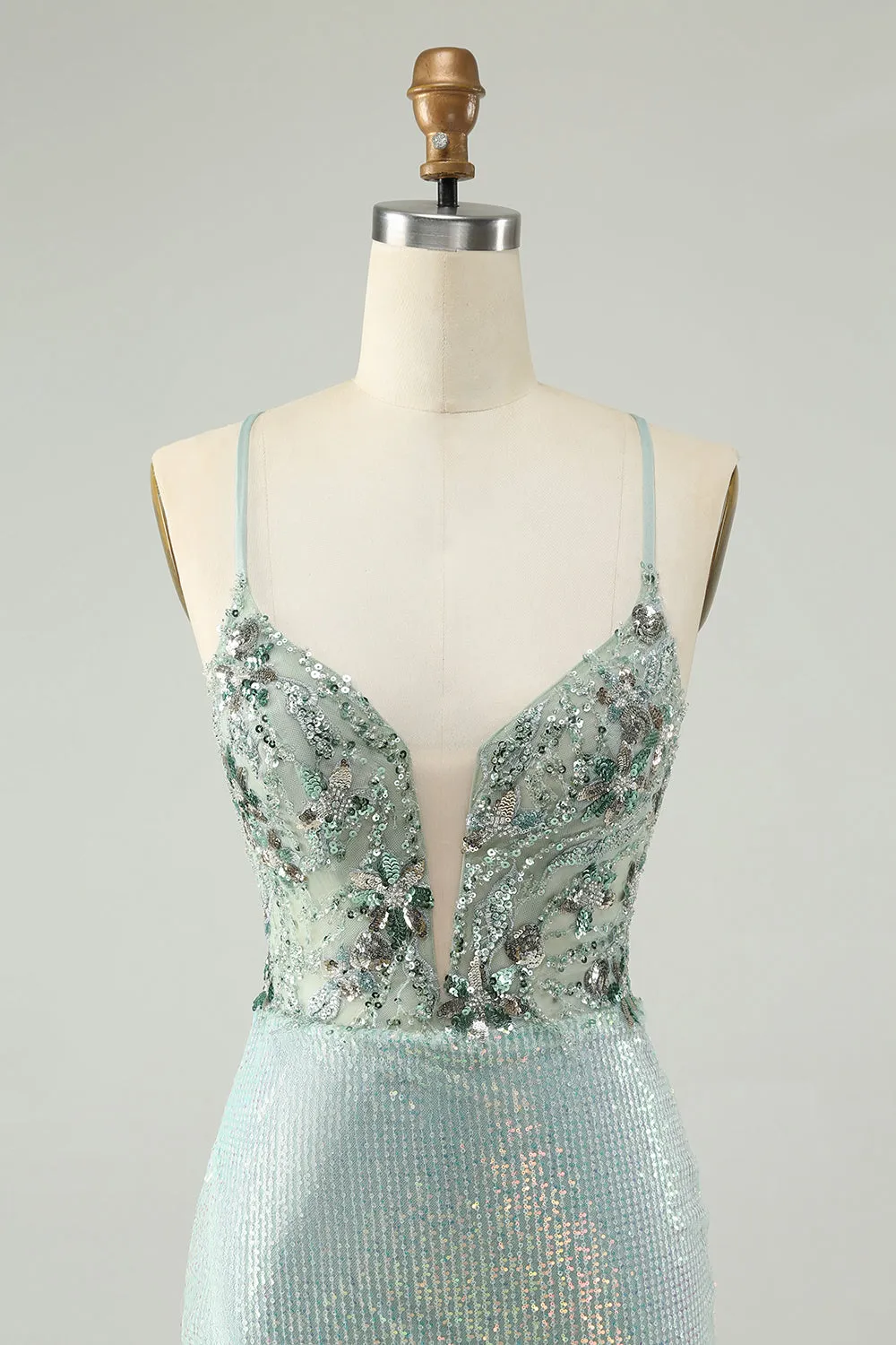 Glitter Dusty Green Tight Sequins V Neck Homecoming Dress sold by Zapaka product image thumbnail 4