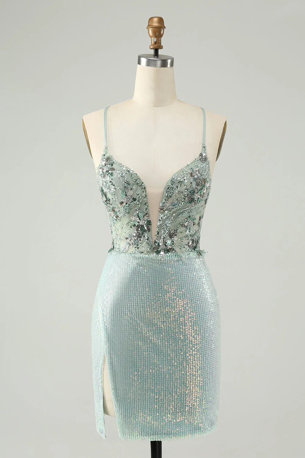 Glitter Dusty Green Tight Sequins V Neck Homecoming Dress sold by Zapaka