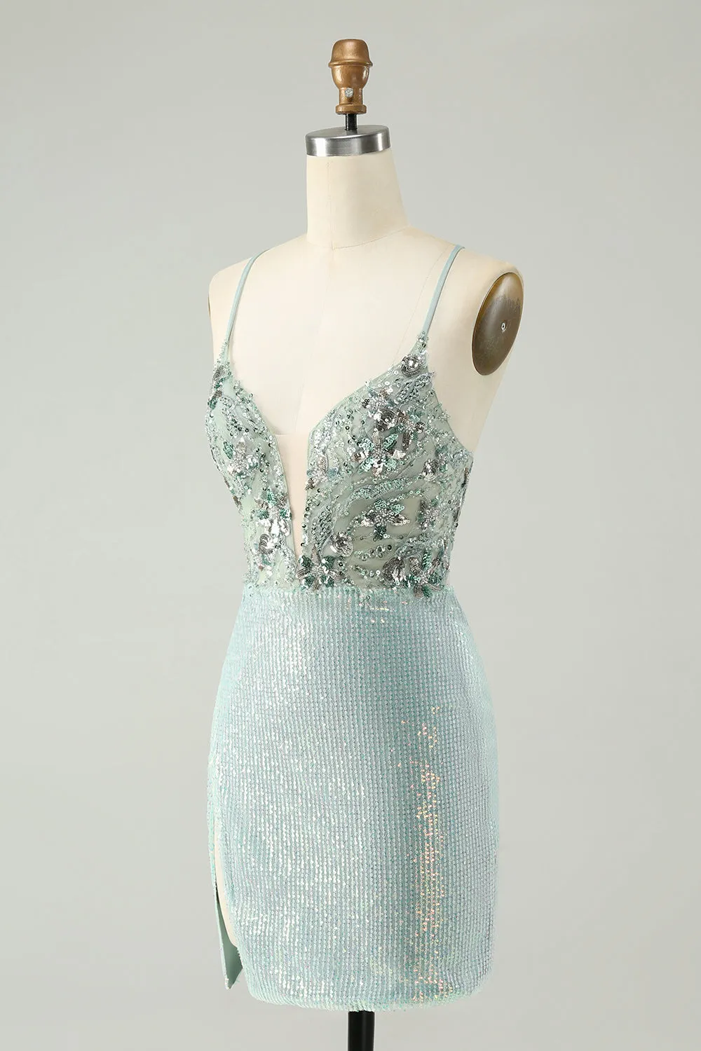 Glitter Dusty Green Tight Sequins V Neck Homecoming Dress sold by Zapaka product image thumbnail 3