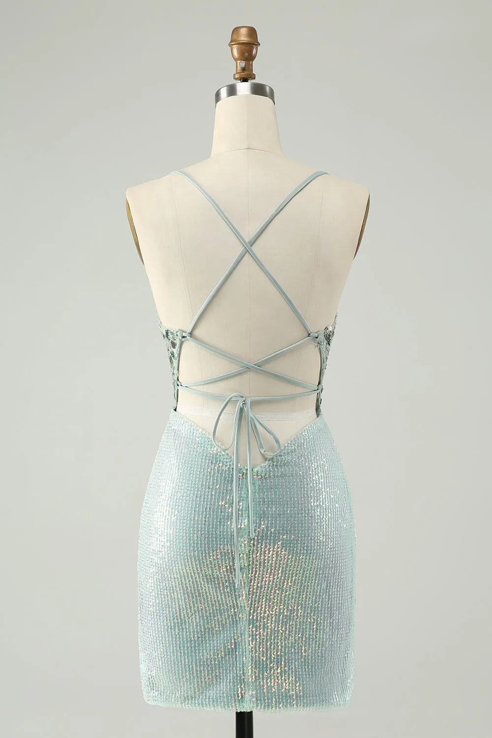 Glitter Dusty Green Tight Sequins V Neck Homecoming Dress sold by Zapaka product image thumbnail 2