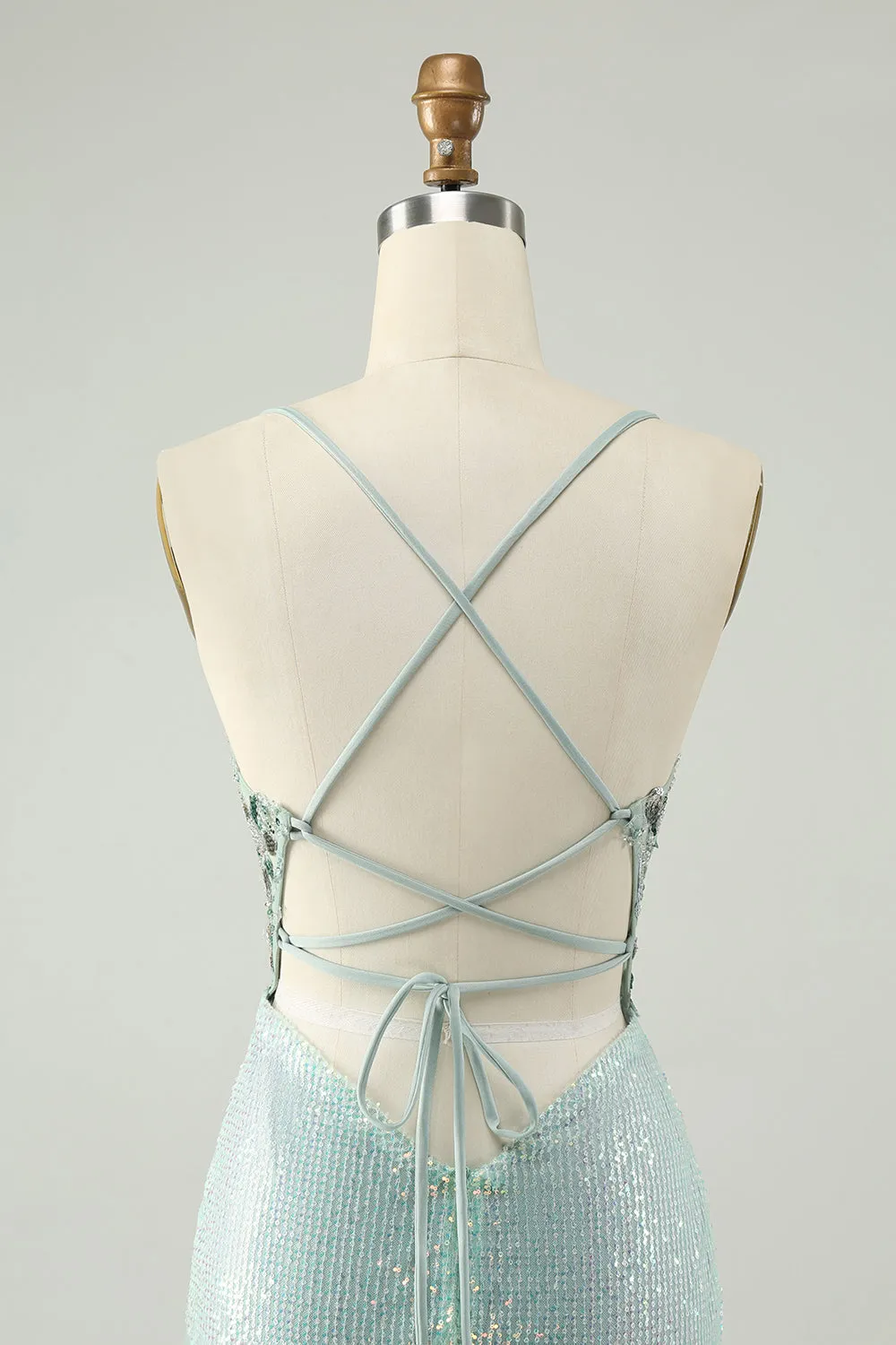 Glitter Dusty Green Tight Sequins V Neck Homecoming Dress sold by Zapaka product image thumbnail 5