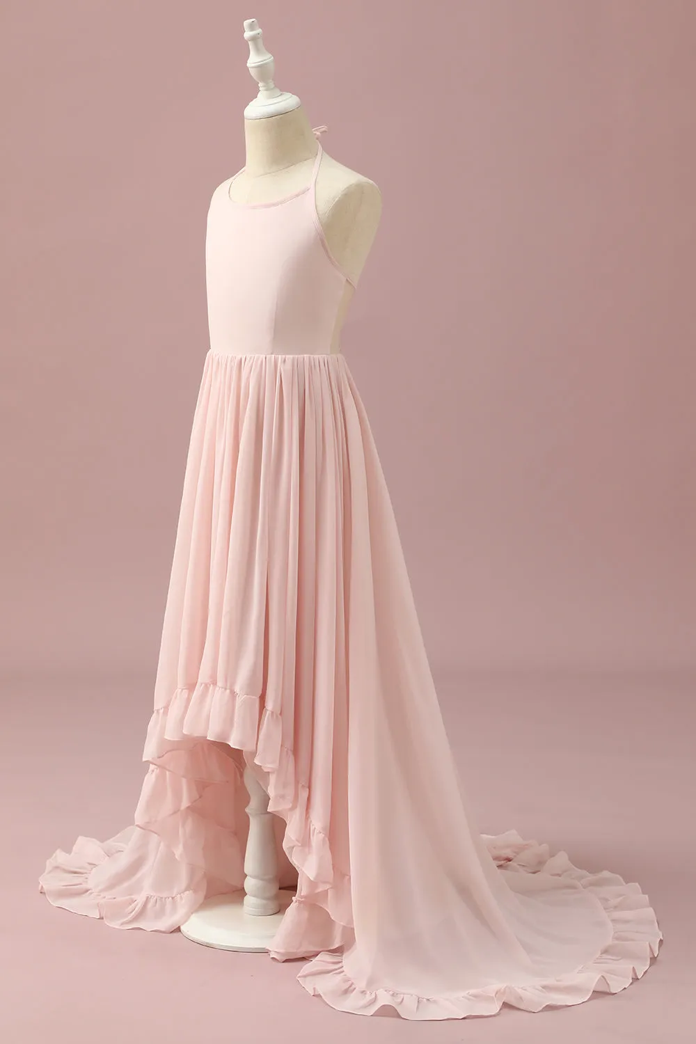 Light Pink Chiffon Halter High Low Junior Bridesmaid Dress sold by Zapaka product image thumbnail 3