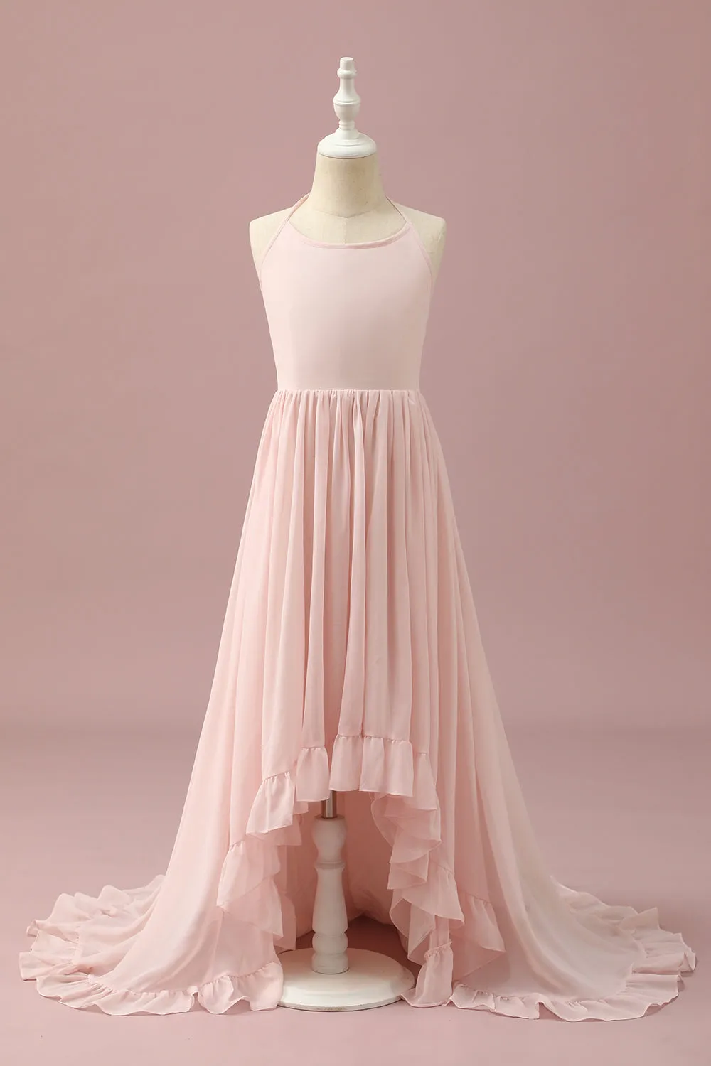 Light Pink Chiffon Halter High Low Junior Bridesmaid Dress sold by Zapaka