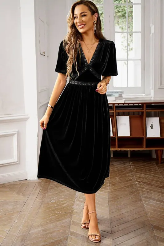 Black A Line V-Neck Velvet Holiday Party Dress With Short Sleeves sold by Zapaka