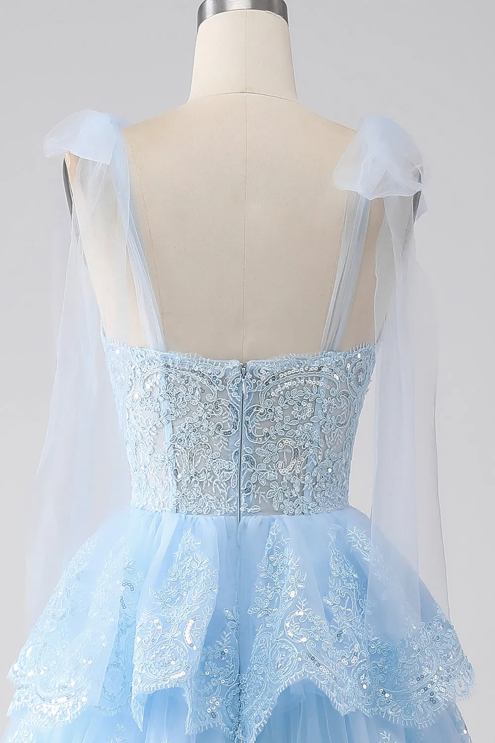Light Blue Sweetheart Bow Tie Straps Tiered Tulle Sequin Prom Dress with Appliques sold by Zapaka product image thumbnail 5