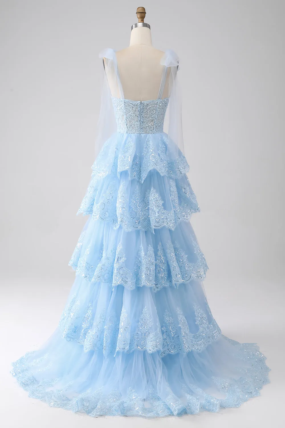 Light Blue Sweetheart Bow Tie Straps Tiered Tulle Sequin Prom Dress with Appliques sold by Zapaka product image thumbnail 2
